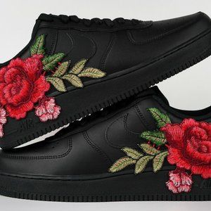 Nike Air Force 1 Custom Black Shoes Red Rose Flower Floral Men Women Kids Low